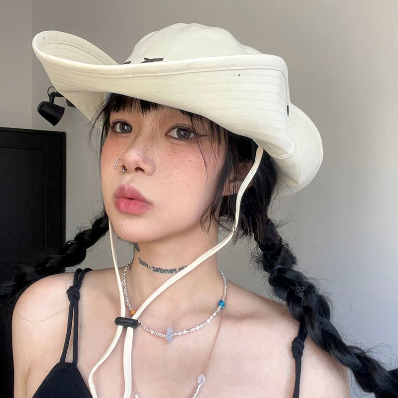 辣妹防风登山系带露营帽子明线渔夫帽男两戴西部防晒复古牛仔帽女