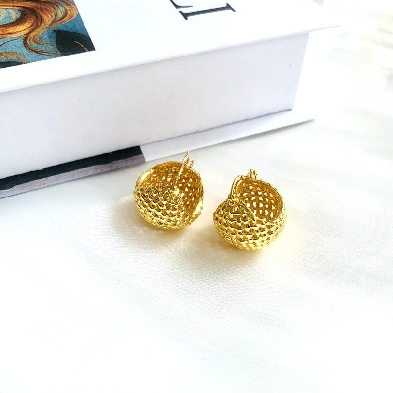 金属网格球轻奢耳环 法式慵懒复古编织耳饰 水滴形简约空心耳扣