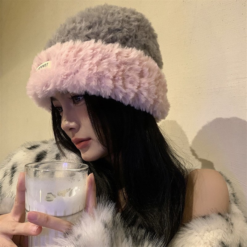 韩系加厚毛绒绒大头围针织帽女冬季保暖护耳毛绒帽子显脸小套头帽