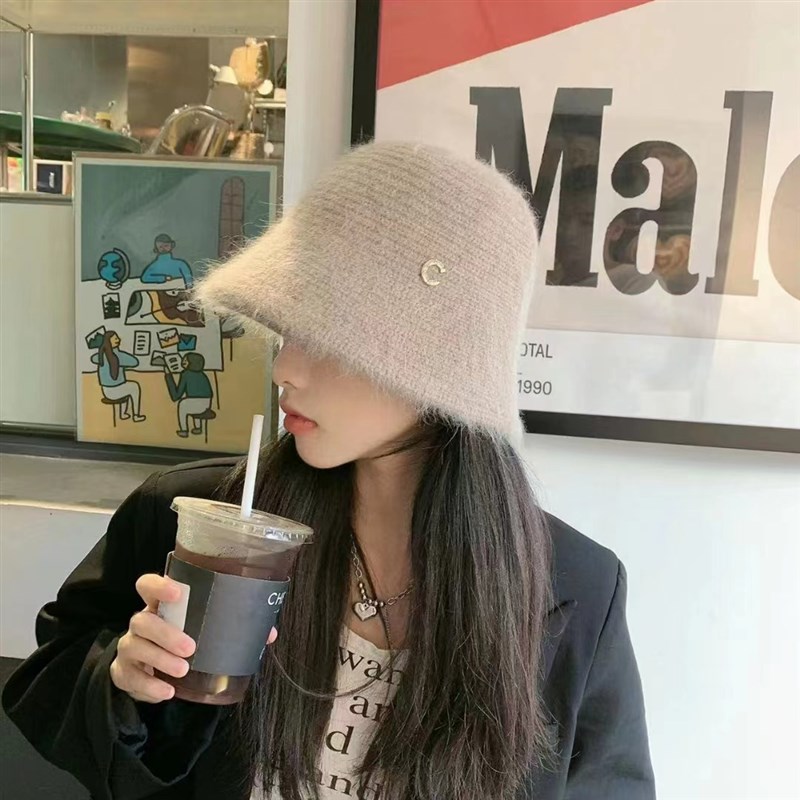 字母兔毛针织水桶帽子女秋冬季保暖显脸小渔夫帽韩版网红毛线盆帽