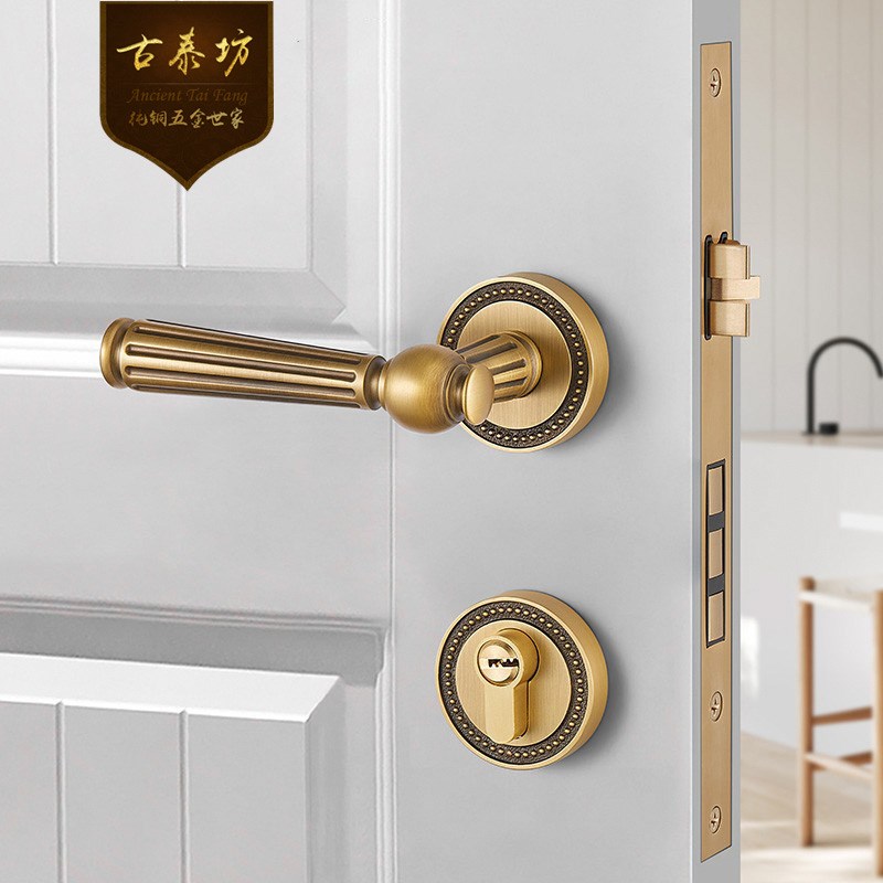 纯铜亮金色门锁法式复古门把手室内卧室房间木门美式轻奢静音磁吸
