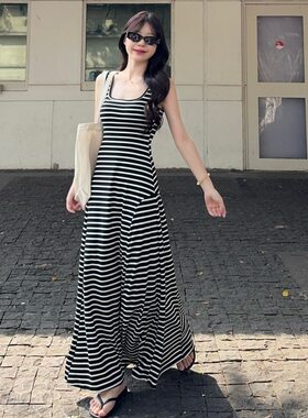 实拍~夏季新款时尚百搭显瘦修身U领条纹背心裙纯欲连衣裙女15395