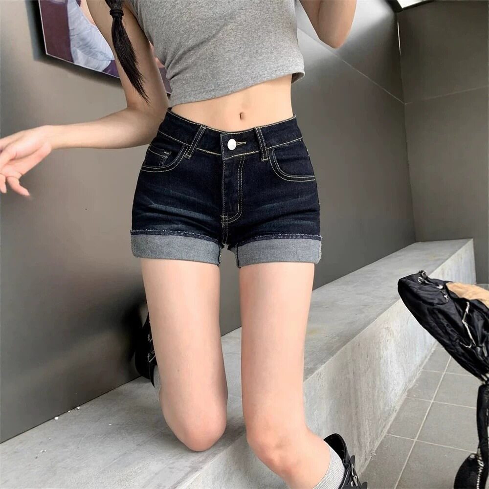 【韩牛】夏小个子修身包臀热裤女辣妹复古深蓝色卷边牛仔短裤女