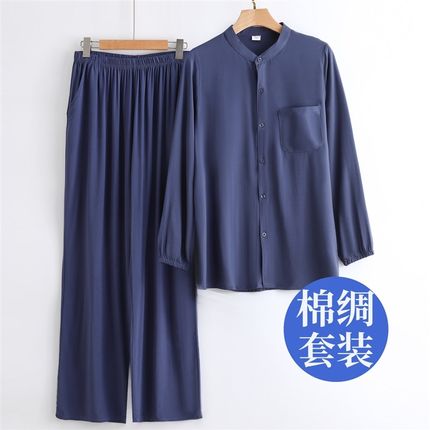 夏季中老年男棉绸长袖开衫长裤套装爸爸绵绸人P造棉上衣爷爷家居