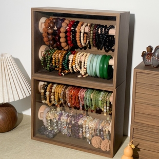 文玩手串收纳盒胡桃木纹防尘柜古玩核桃佛珠手镯玉器水晶展示挂架
