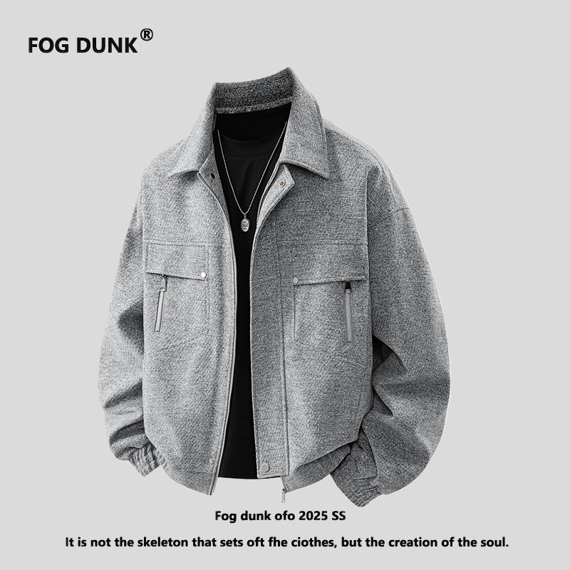 FOG DUNK美式复古毛呢夹克外套男春秋季潮牌宽松休闲痞帅翻领外套