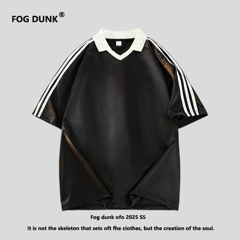 FOG DUNK条纹短袖T恤男夏季V领POLO衫宽松半袖衣