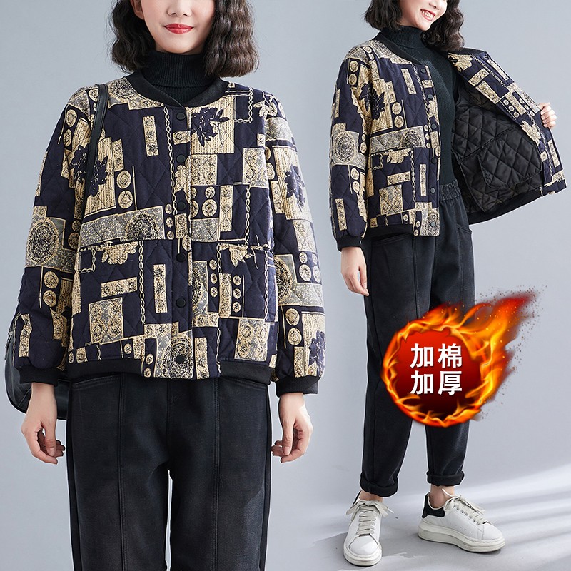 棉服外套女棉麻短款棒球服复古宽松大码小个子面包V服夹棉棉衣外