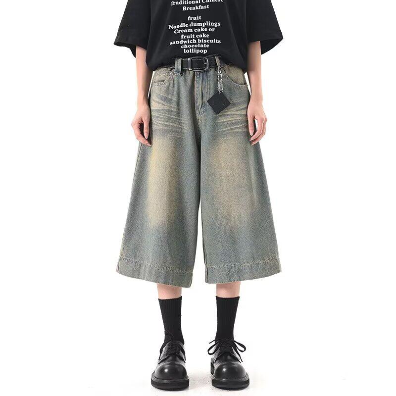 士牛仔裤夏季薄款美式复古街潮牌七分裤宽松直筒休闲水洗裤子