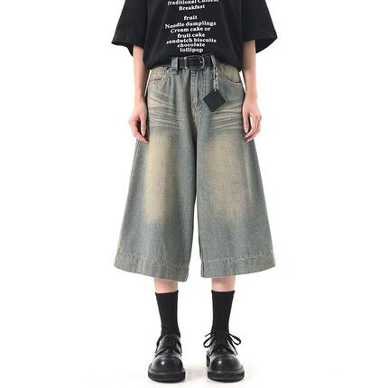 士牛仔裤夏季薄款美式复古街潮牌七分裤宽松直筒休闲水洗裤子