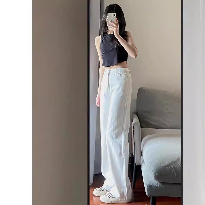 白色窄版阔腿牛仔裤女春秋2025新款高腰宽松O垂感拖地小个子直筒