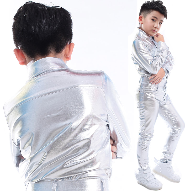 演出服男童架子鼓l表演服装儿童衬衣大合唱韩版银色漆光皮衬衫套