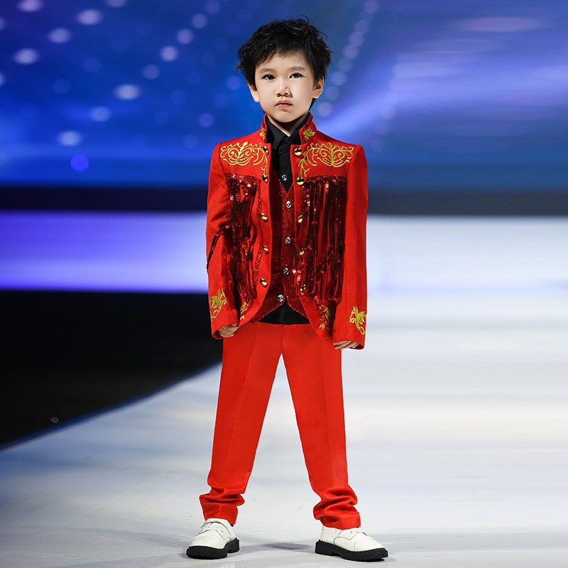 儿童西装b套装2024新款帅气英伦风男童小主持人礼服走秀钢琴演出