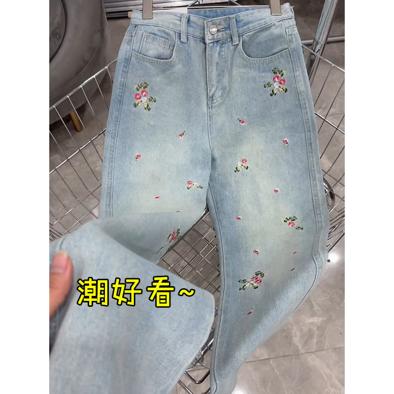 今年流行新国风洋气窄版直筒牛仔裤女F小个子百搭高腰刺绣拖地裤