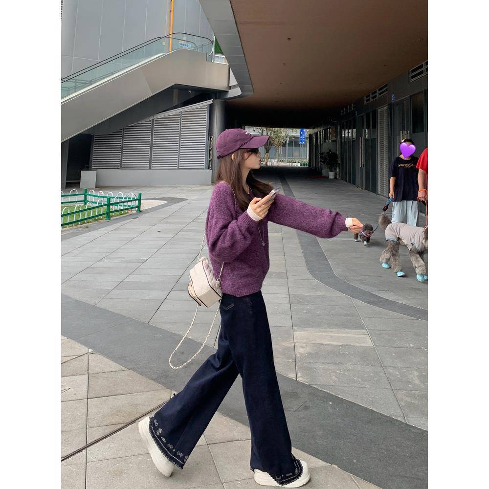 切糕自制小个子秋冬新款刺绣裤子女藏蓝色时尚覆古加绒微喇牛仔裤