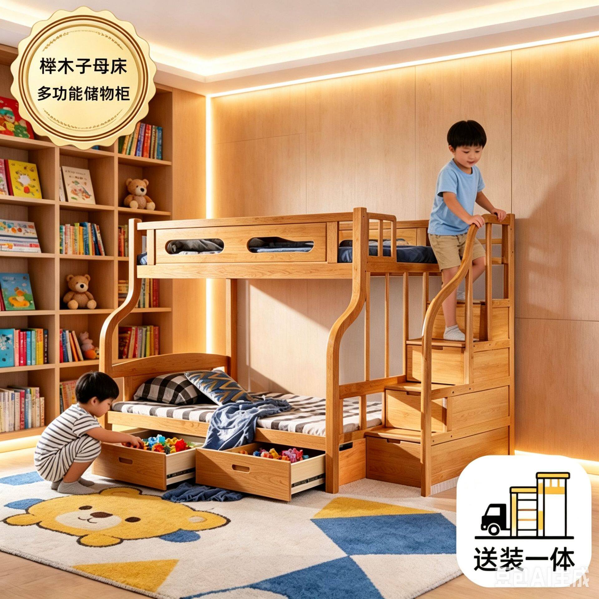 实木上下床高低榉木双层铺床儿童多功能储物柜字母床子母床儿童房