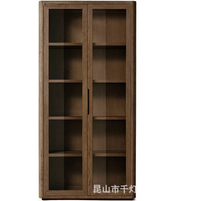 美式两门实木玻璃酒柜法式别墅多层书柜做旧书架展示柜