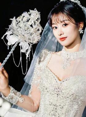 十樱婚礼权杖蓝色岛屿新娘结婚定制团扇手捧花diy材料包水晶重工