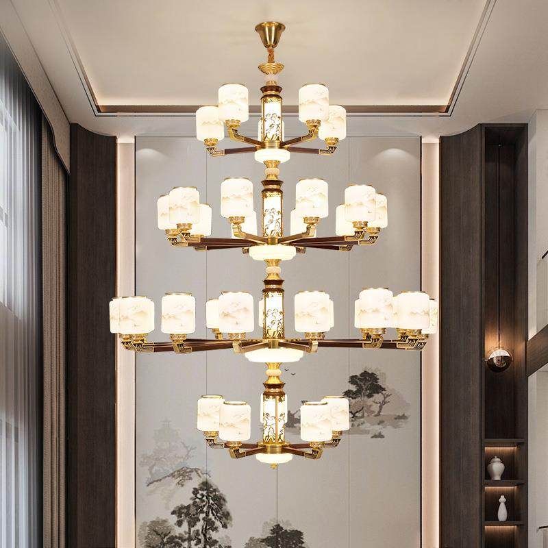 复式楼全铜大吊灯新中式别墅挑空客厅中空楼中楼挑高实木新款灯具