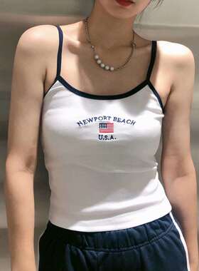 BM风 字母宽松修身型吊带型白色印花针织波浪领小背心女