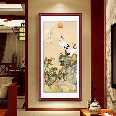 正对大门墙松鹤延年入户玄关装饰荷花挂画中式竖版八骏图传世名画