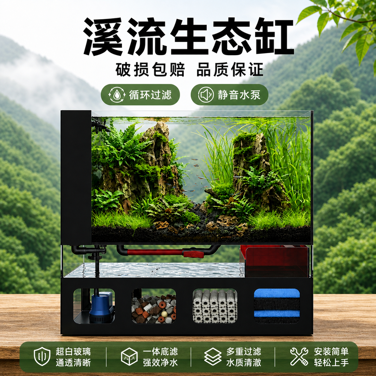 生态鱼缸小型超白玻璃缸家用客厅免换水溪流缸桌面底滤造景金鱼缸