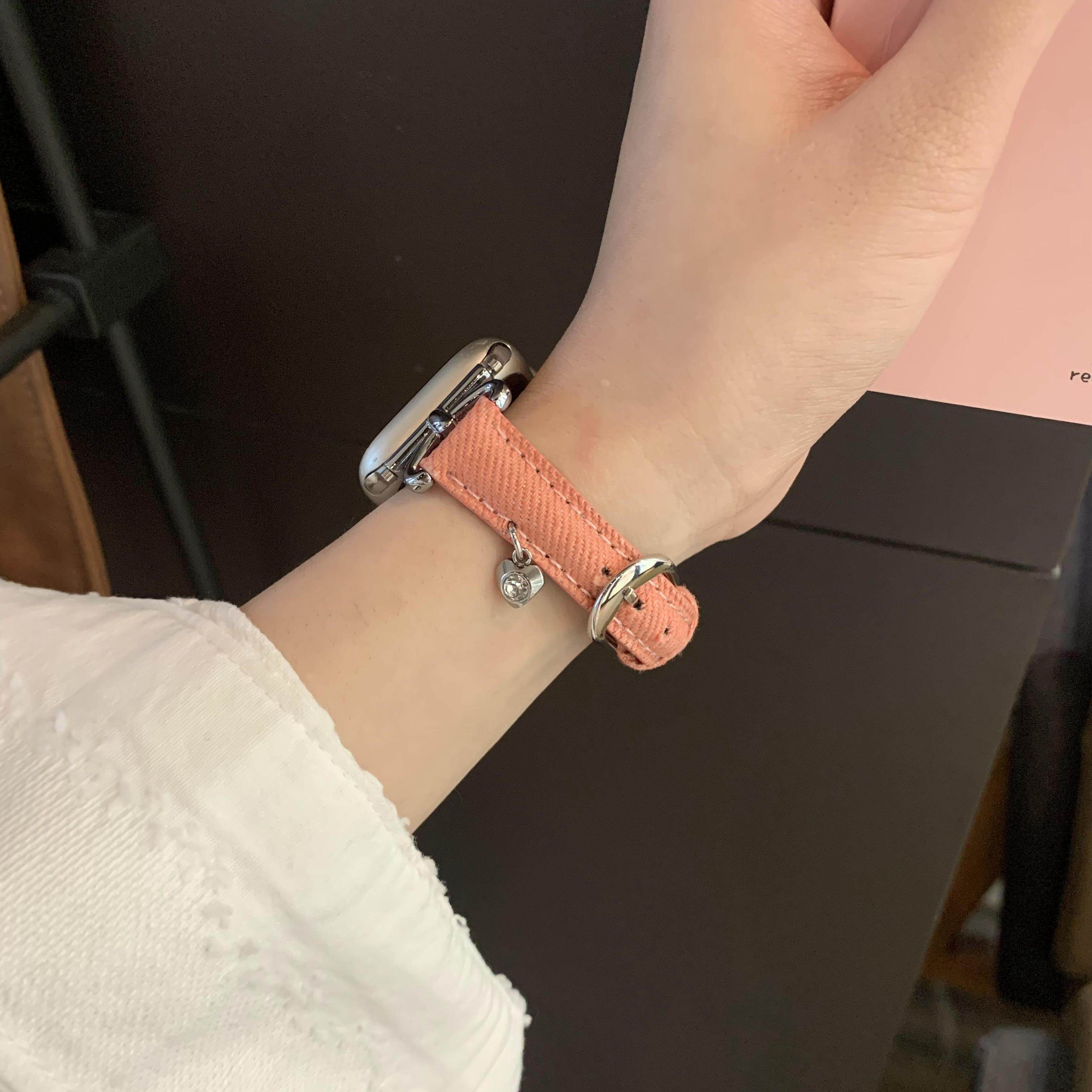 佐仕盾iwatch牛仔拼皮爱心表带