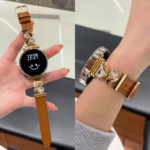 手表带Fit3替换带荣耀创意小众透气 2水钻双爱心watch4pro平纹手环98女款 适用华为GT5真皮表带GT4