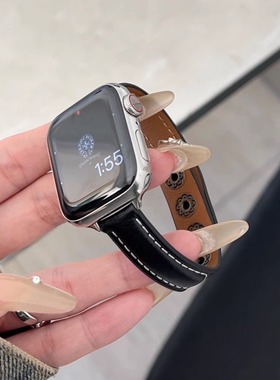 适用苹果iwatch S10手表S9表带潮酷复古真皮钮扣S8/7/6/5/4/3高级感轻奢Ultra3/2百搭替换带38mm/45mm