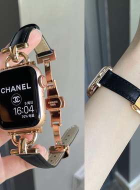 适用苹果手表iwatch S10表带S9真皮细款applewatch8女款蝴蝶扣表带7654细款Ultra2运动SE透气