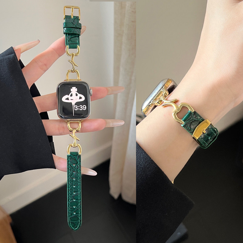 适用苹果S10表带iwatch S9手表S8/7/6/5/4/3鳄鱼纹真皮表带Ultra3/2创意时尚简约百搭换带38mm/45/43