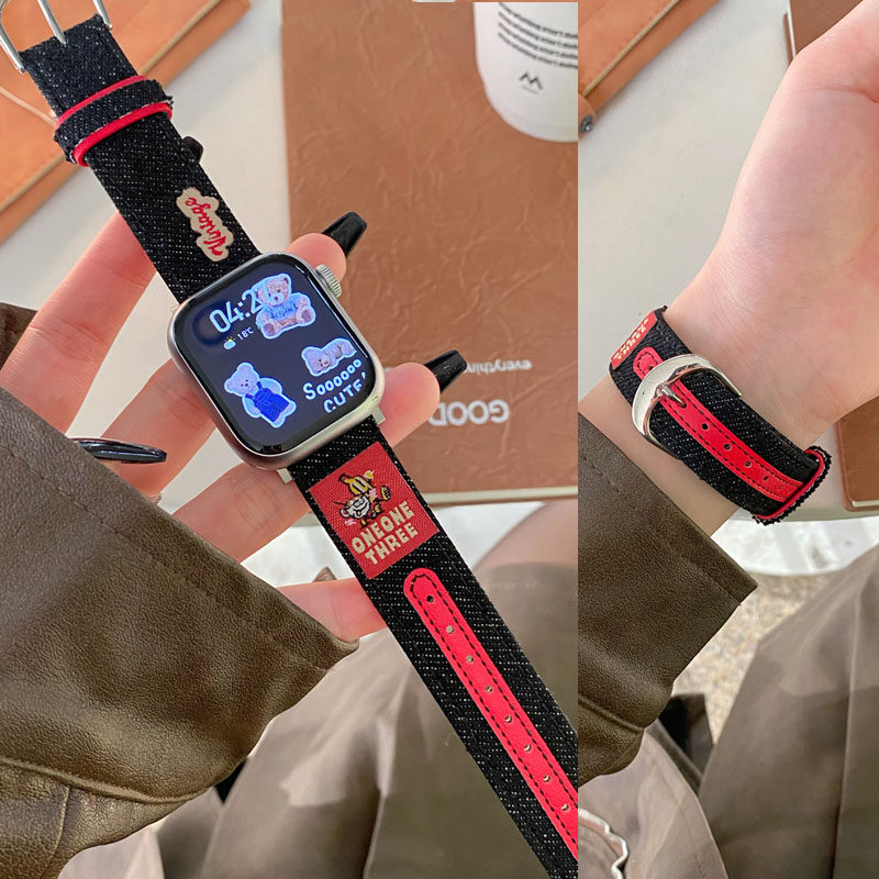 适用苹果S10表带iwatch S9手表S8/7/6/5/4/3美式牛仔拼皮表带Ultra3/2创意时尚简约女款腕带百搭换带38mm/45