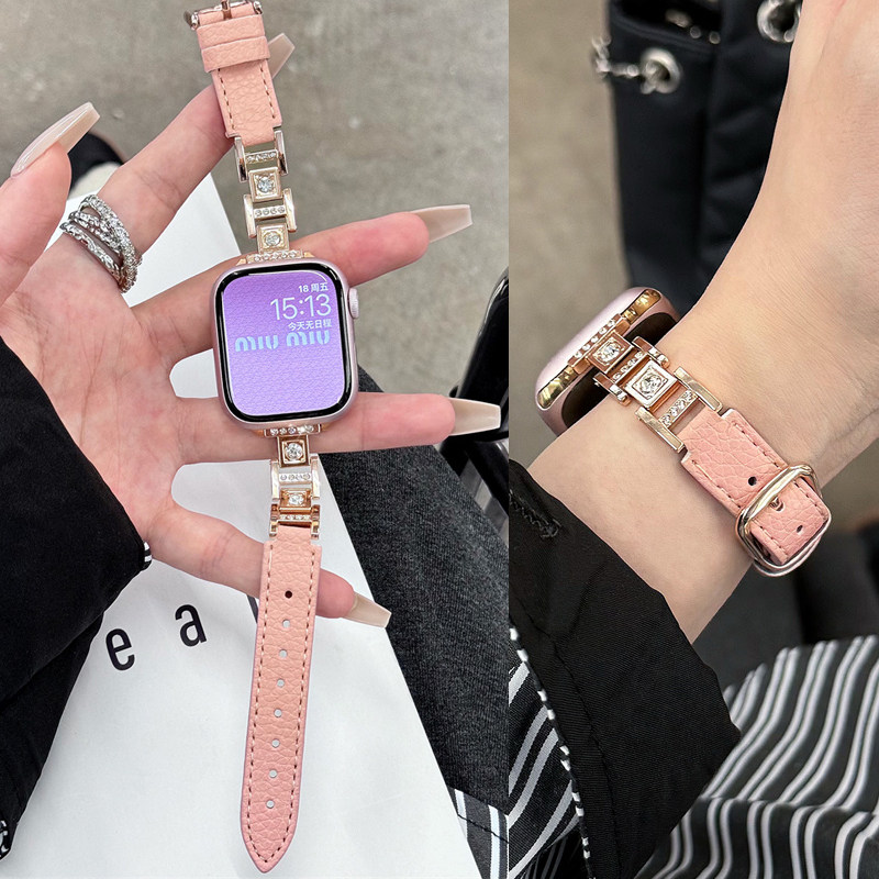 适用苹果iwatch S10表带S9/8/7/6/5/4/3/2真皮带钻表带Ultra 32简约百搭女款潮高级感替换带38mm/40/42