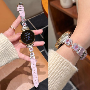 适用三星watch 8手表真皮表带Watch 7 Utra镶钻花朵链6/5/4/3 classic简细款女新款表带active透气替换带