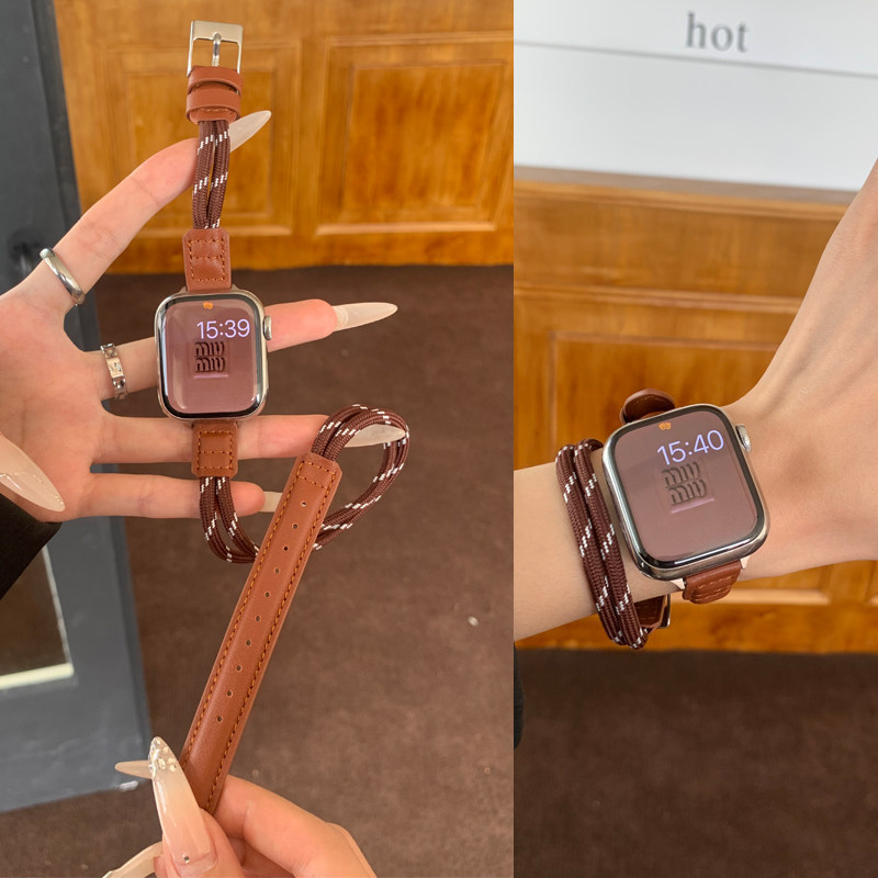 适用苹果iwatch S10手表S9表带双圈拼真皮表带S8/7/6/5/4/3高级感轻奢Ultra3/2运动简约替换带41mm/38/45