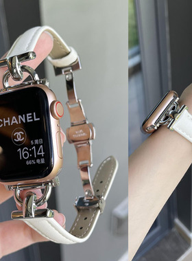 适用苹果iwatch手表S10真皮蝴蝶扣applewatch S9女款细款S87654运动Ultra2透气SE新款简约纯色