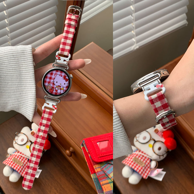 适用小米可爱KT猫格子纹真皮表带