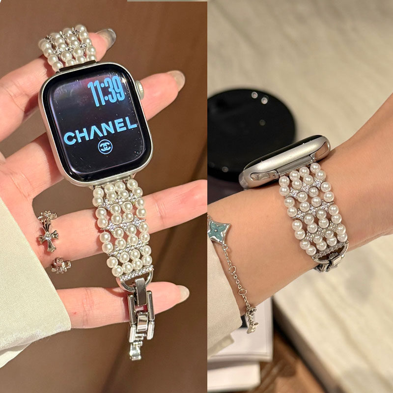适用苹果applewatch S11代手表S10表带S9小香风珍珠铜链S8765镶钻SE女新款腕带Ultra2轻奢高级感