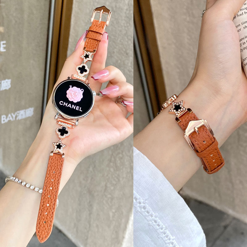 适用华为GT6表带GT5 pro手表GT4/gt5镶钻四叶草真皮gt3/2女新款腕带watch5/4/3荔枝纹运动荣耀magic2牛皮
