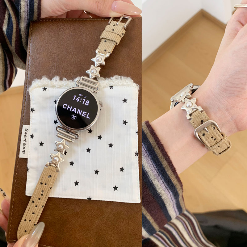 适用华为珍珠灯芯绒拼真皮表带