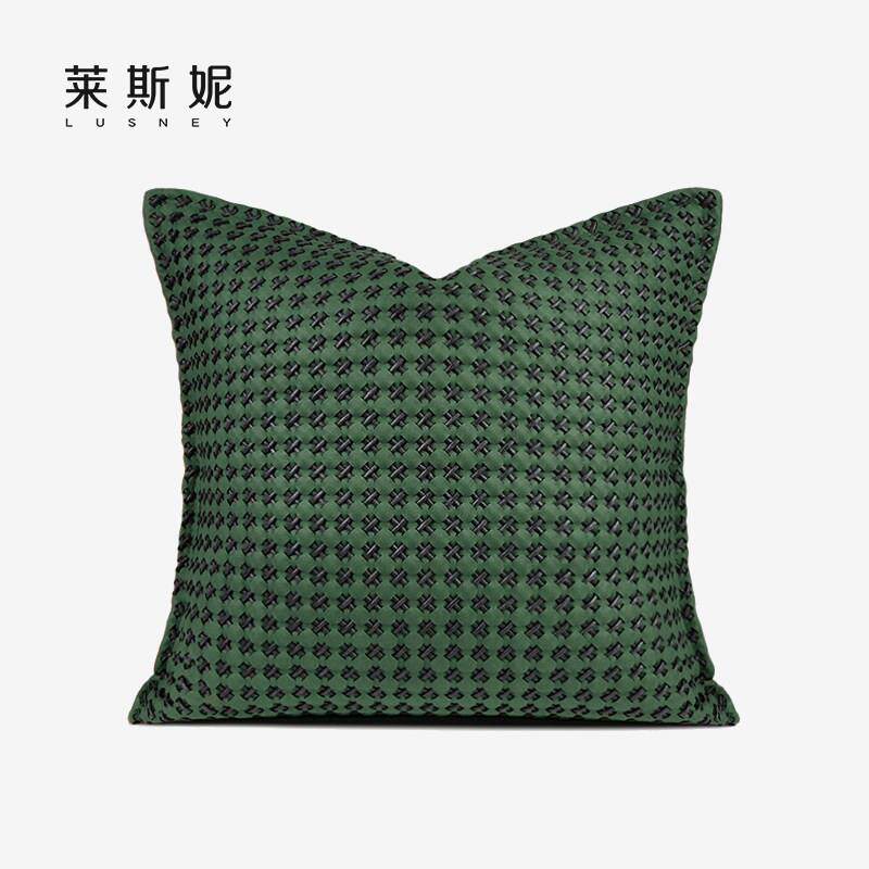 现代简约轻奢墨绿色麂皮绒编织纹理靠垫抱枕沙发客厅样板房方枕