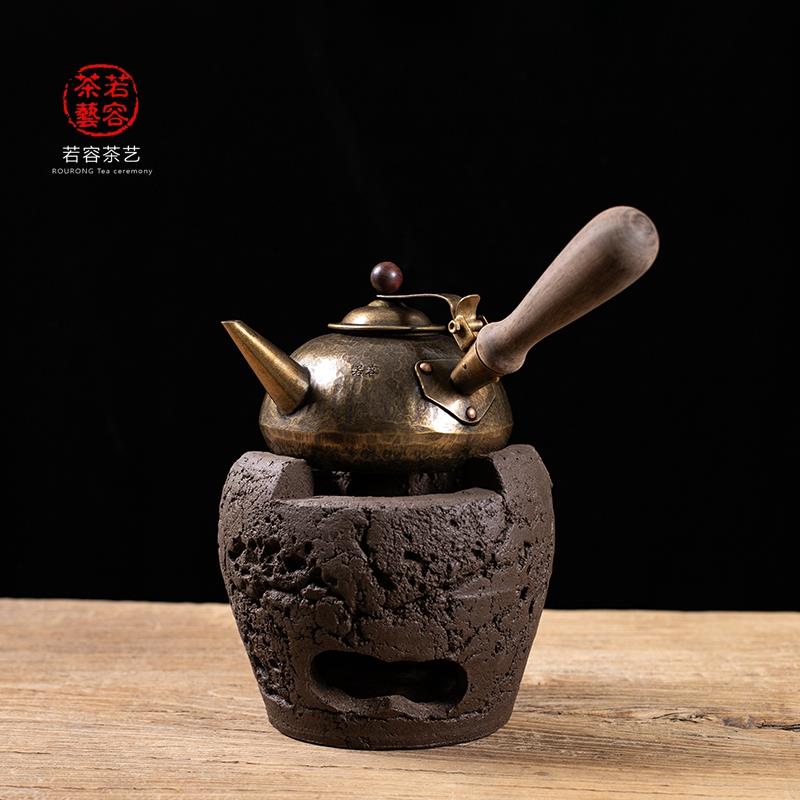手捏古朴炉潮州炭炉泥炉碳炉煮茶壶潮汕全手工复古茶炉侧把黄铜壶