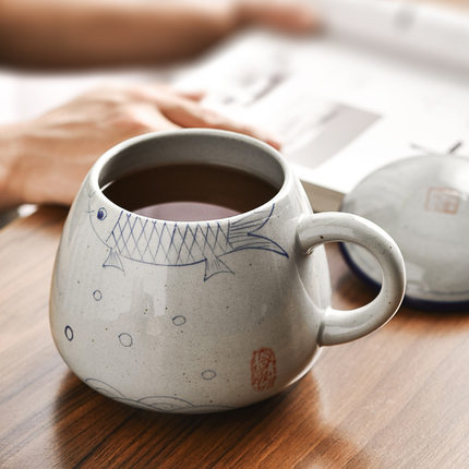 1000ml大容量水杯青花手绘大肚杯创意手绘啤酒杯陶瓷杯喝茶杯带盖