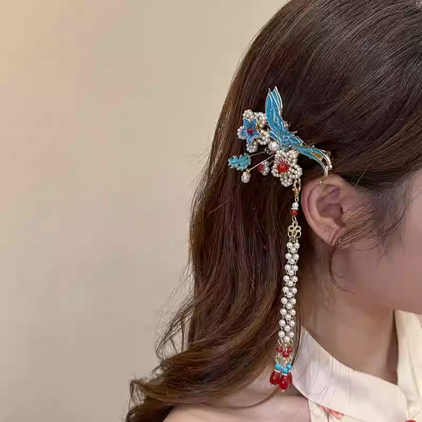 汉服头饰步摇流苏古典烧蓝新中式马面裙结婚发饰侧边夹旗袍发饰女