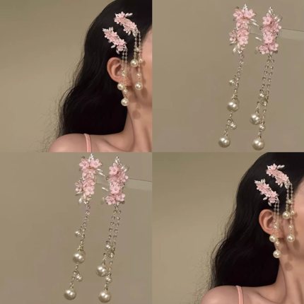 春日甜美粉色花朵仿珍珠流苏发夹女款氛围感小众精致2025新款发饰