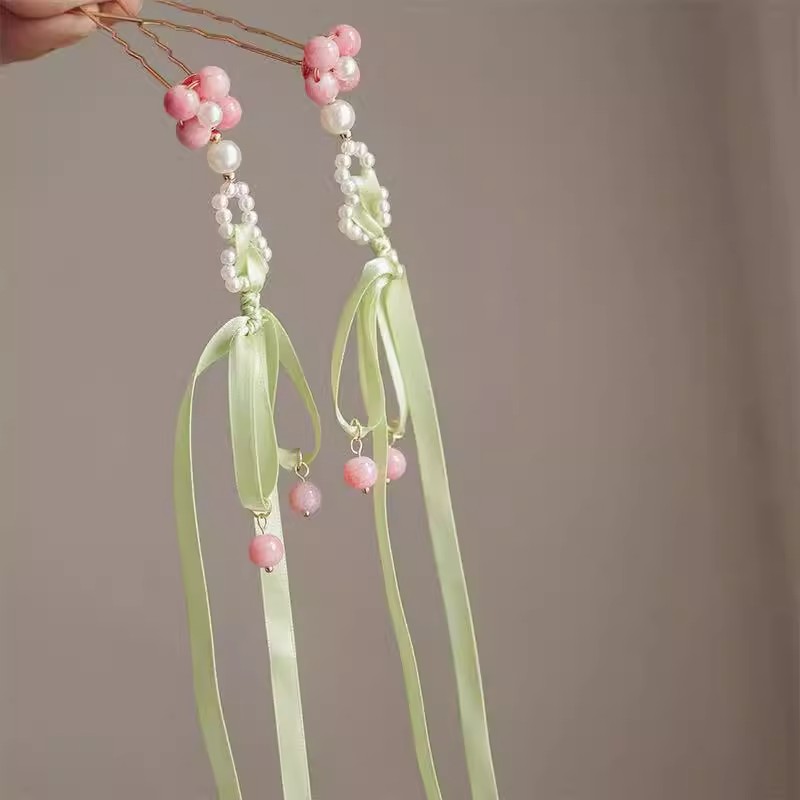 古风流苏长飘带唯美花朵珍珠丝带后压发钗汉服发簪Lolita头饰发饰