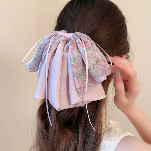 高级感玫瑰印花网纱蝴蝶结发夹