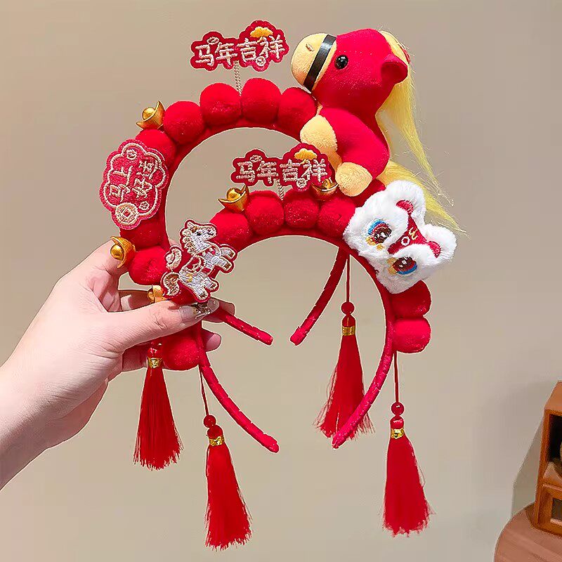 儿童2025新年可爱红色毛绒马年吉祥发箍女孩宝宝过年头饰流苏发饰