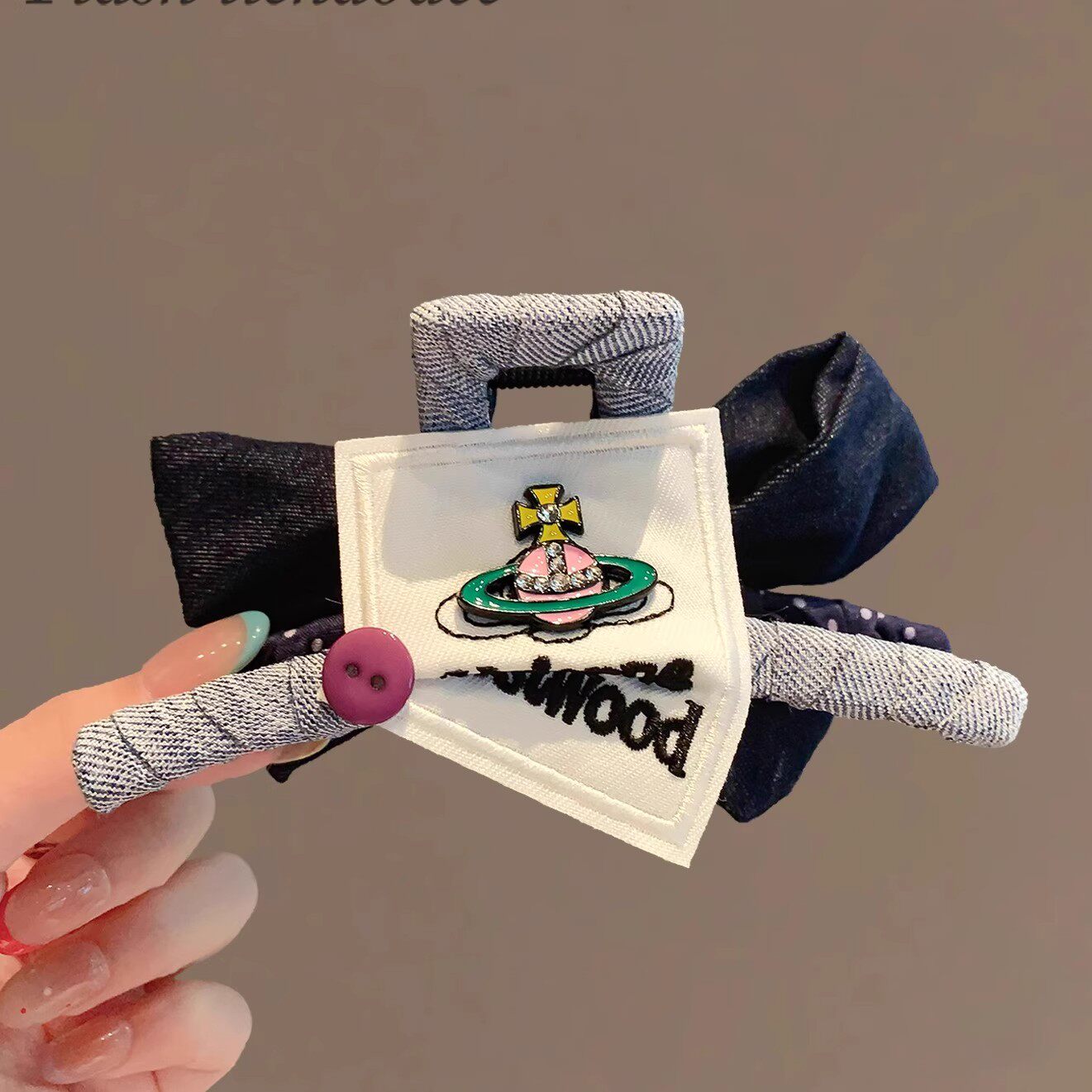 韩版质感AB面抓夹蓝牛仔蝴蝶结布标盘发夹头饰2025新款甜酷鲨鱼夹