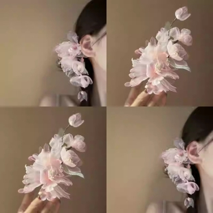 纯欲粉 侧边夹盘发器宫廷风汉服配饰 超仙日常绢纱花朵发夹 时尚
